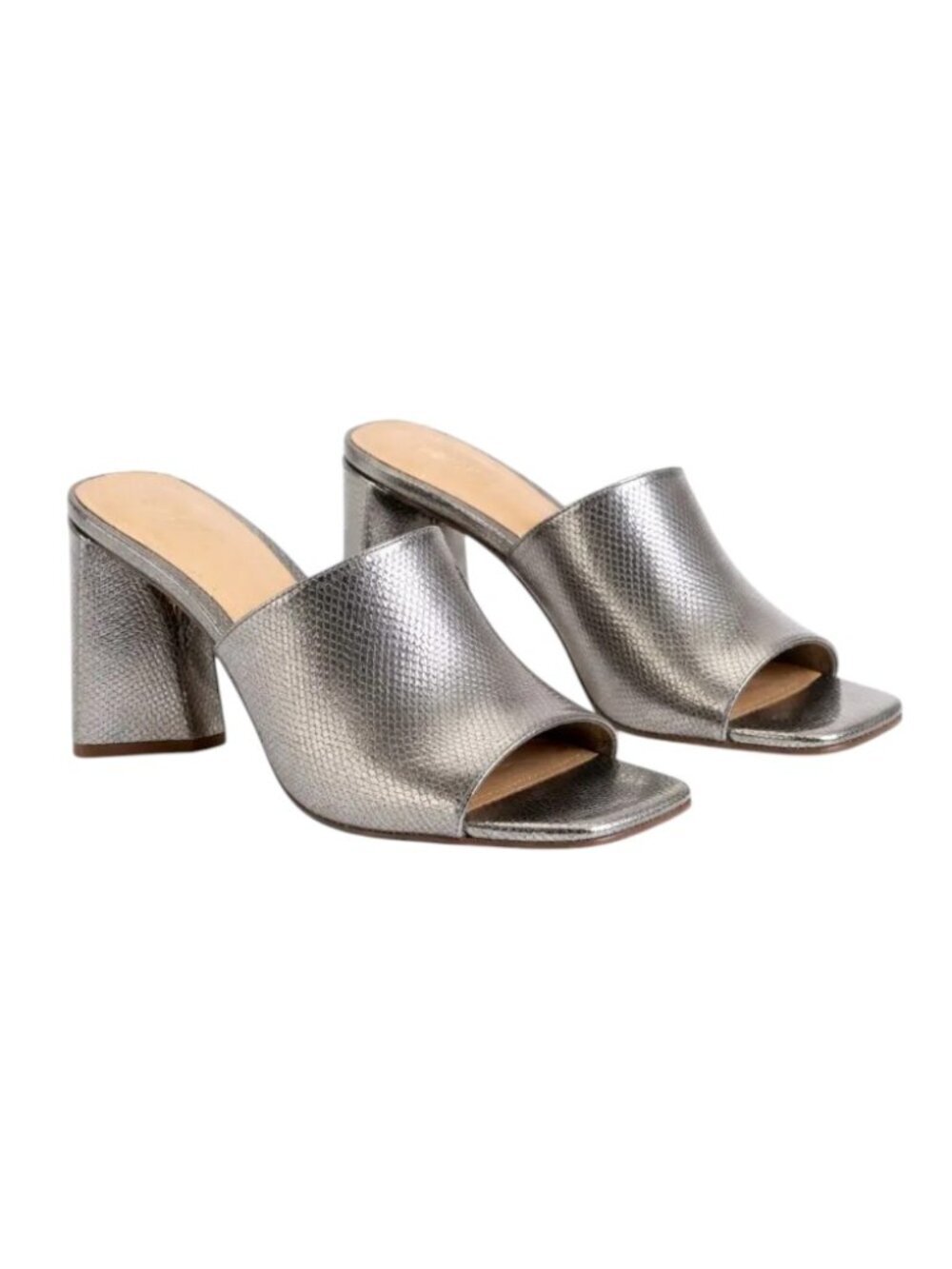 Schutz Lizah Silver Metallic Leather Square Toe Mule Sandals Block Heel 10 EU 41